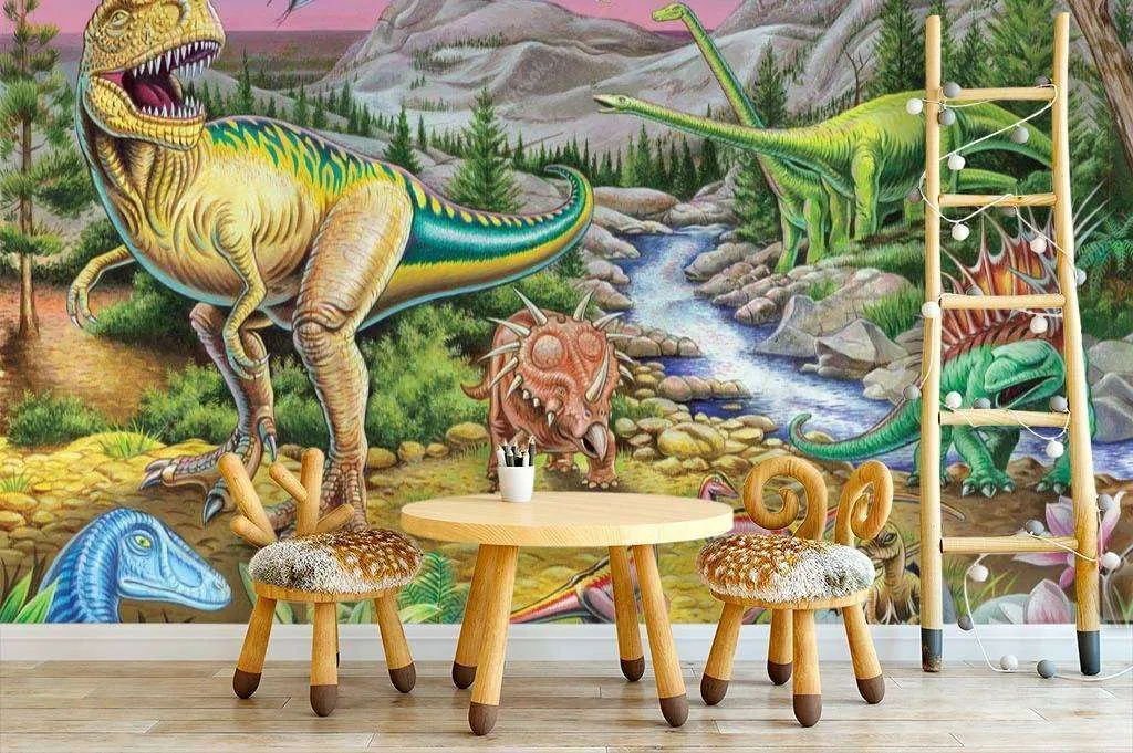Фотообои в интерьере динозавры у реки  8-302 фото