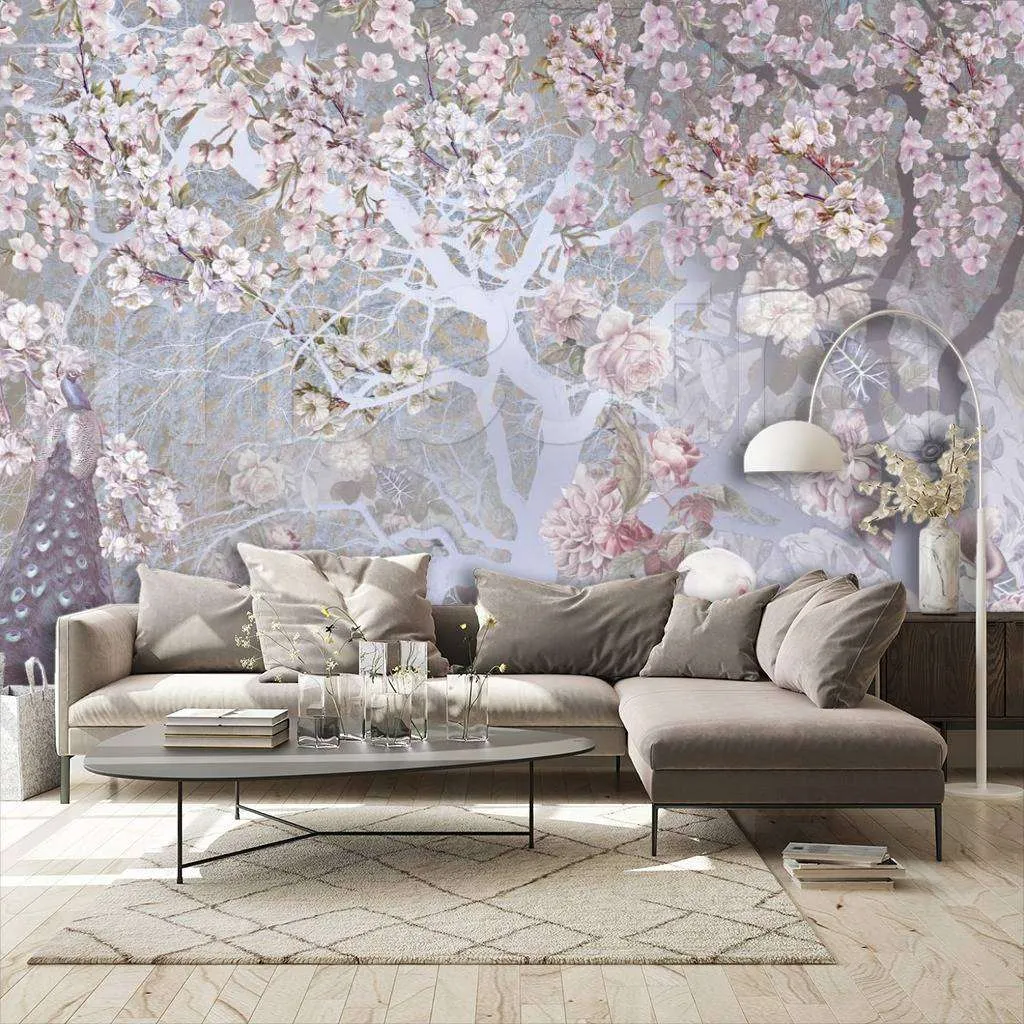 Фотообои в интерьере деревья 3д и павлин  7-726 фото