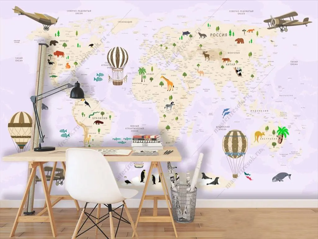 Фотообои Карта мира на русском сиреневая  12-972