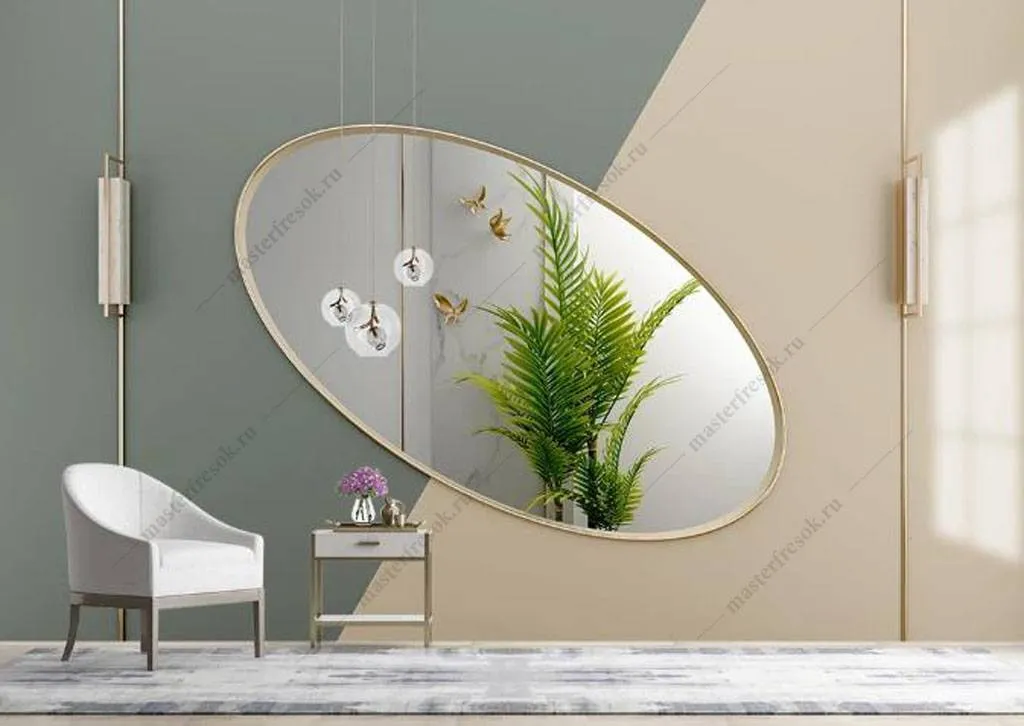 Фотообои в интерьере овальное дизайнерское зеркало  16-051 фото