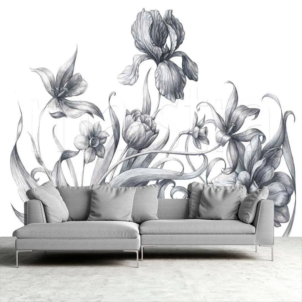 Фотообои в интерьере черно белые ирисы  9-124 фото