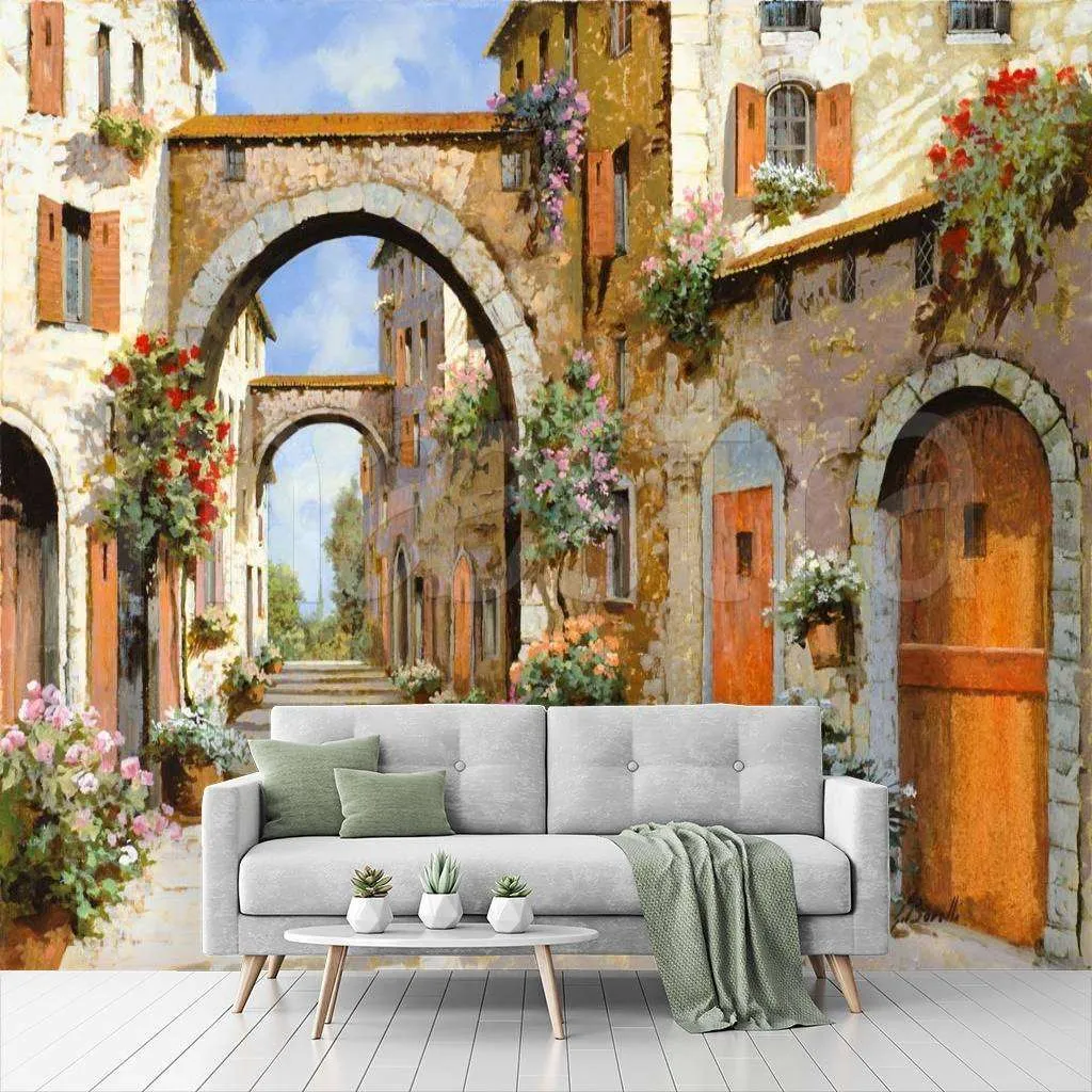 Фотообои в интерьере широкая улочка с арками  8-020 фото