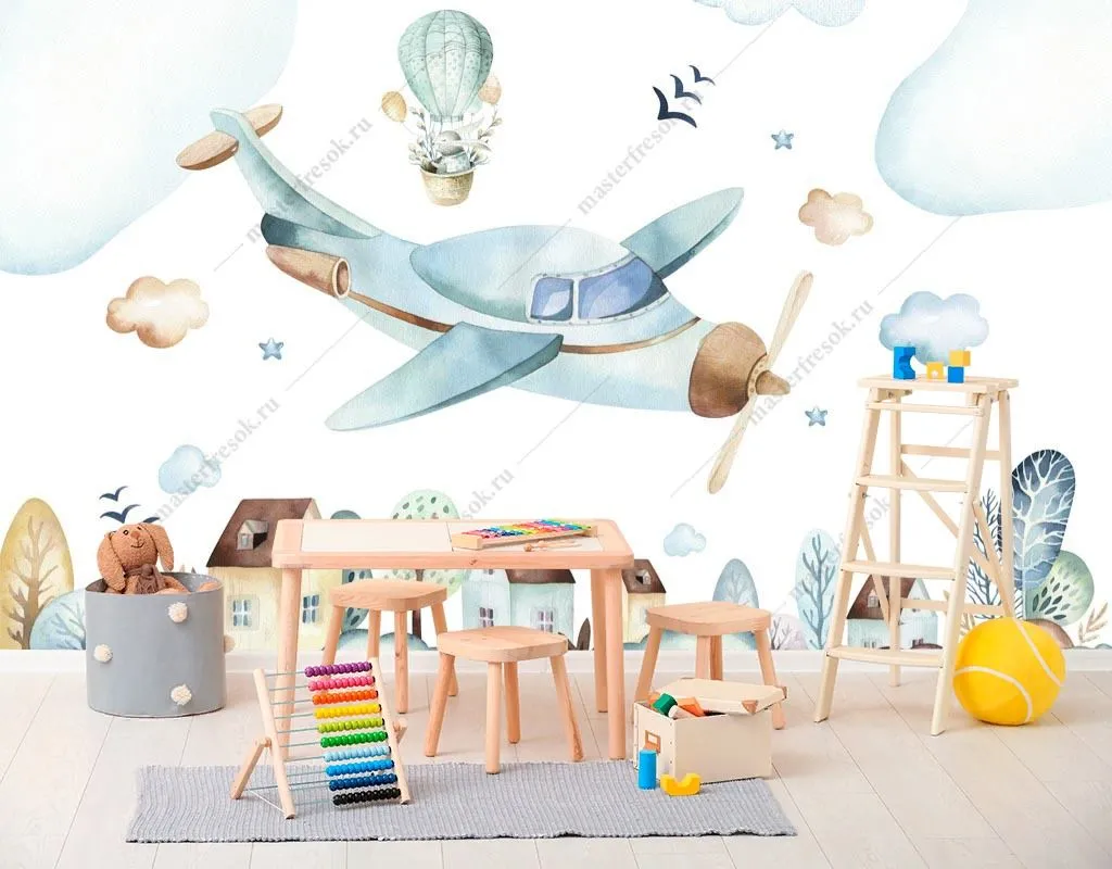 Фотообои в интерьере самолетик над городом  14-506 фото