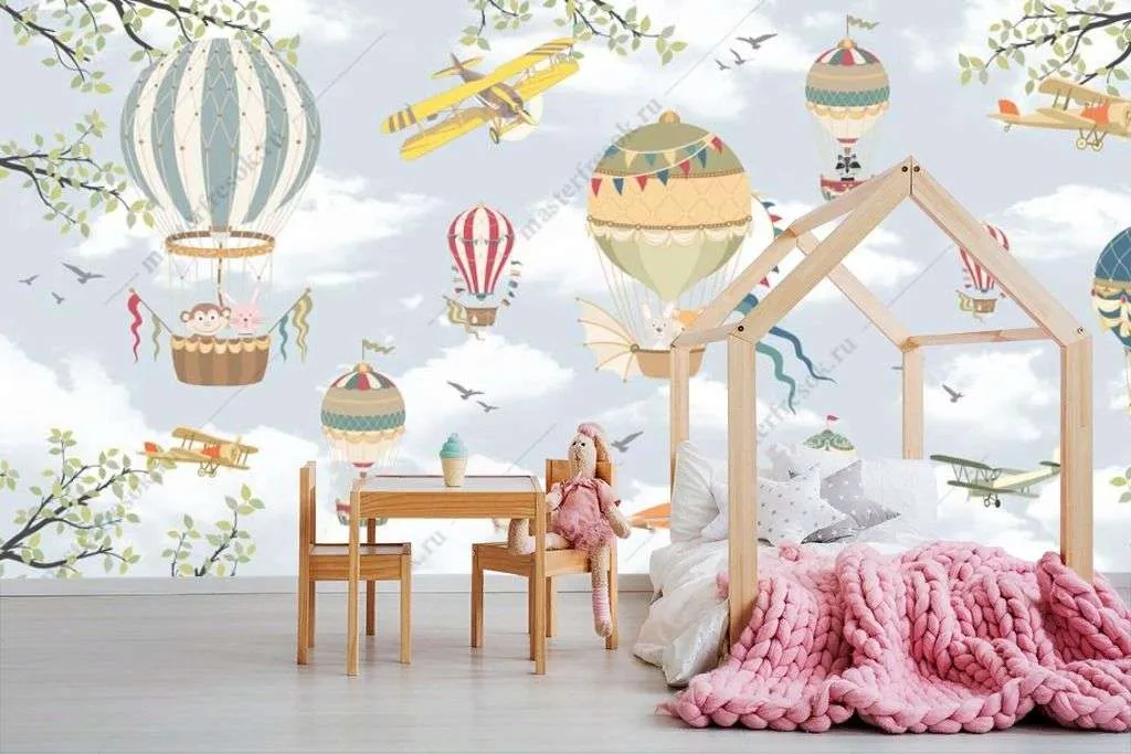 Фотообои в интерьере воздушный шар на голубом небе  14-246 фото