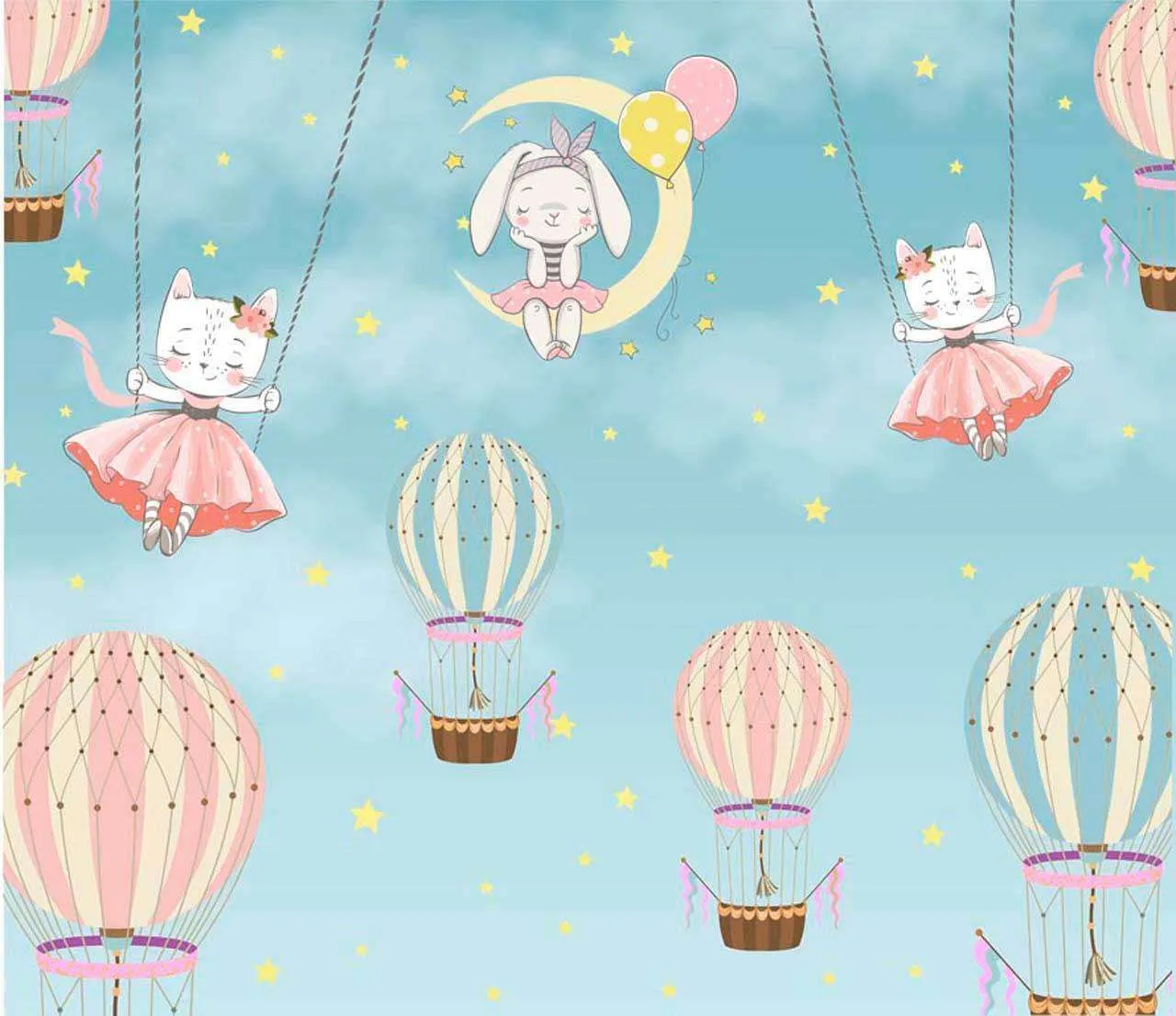 Фотообои в интерьере зайцы и кошки парят в облаках  12-406 фото