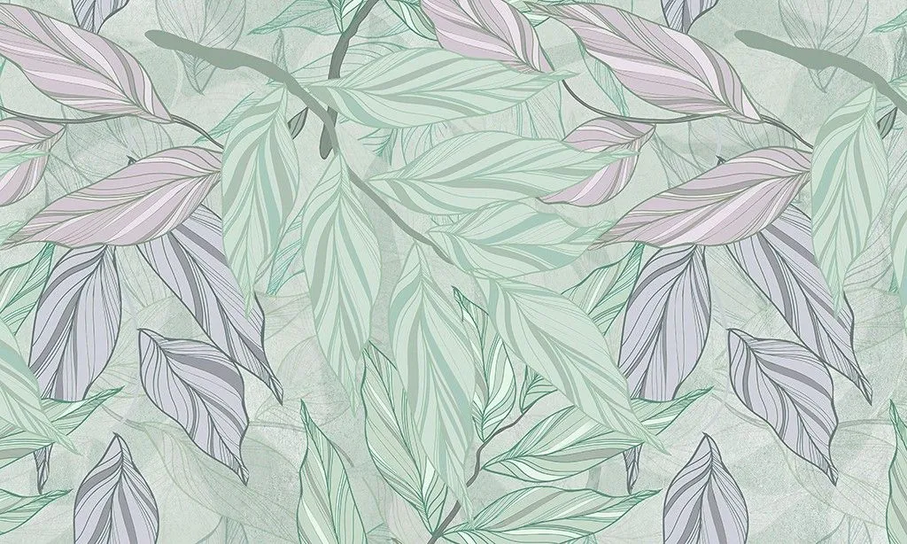 Фотообои в интерьере в спальню веточки с листьями зеленые  9-1977 фото