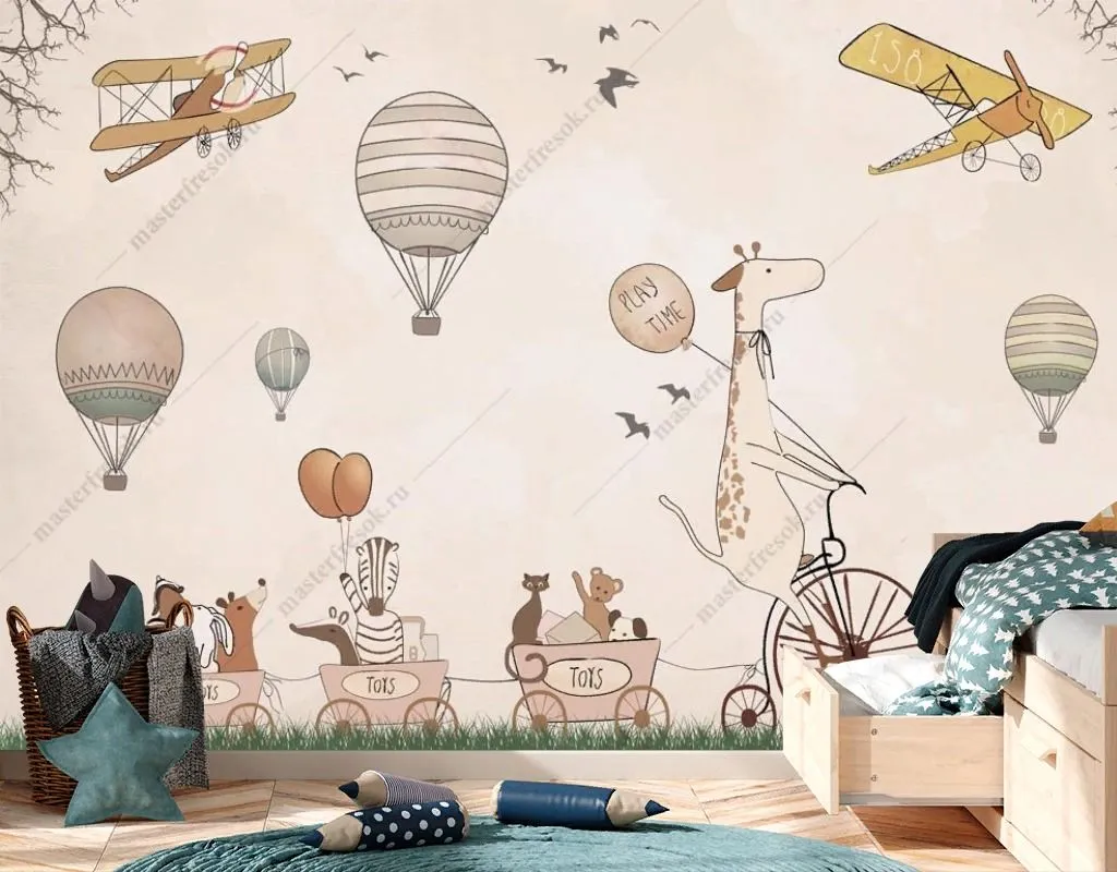 Фотообои в интерьере жираф на велосипеде с друзьями  14-695 фото