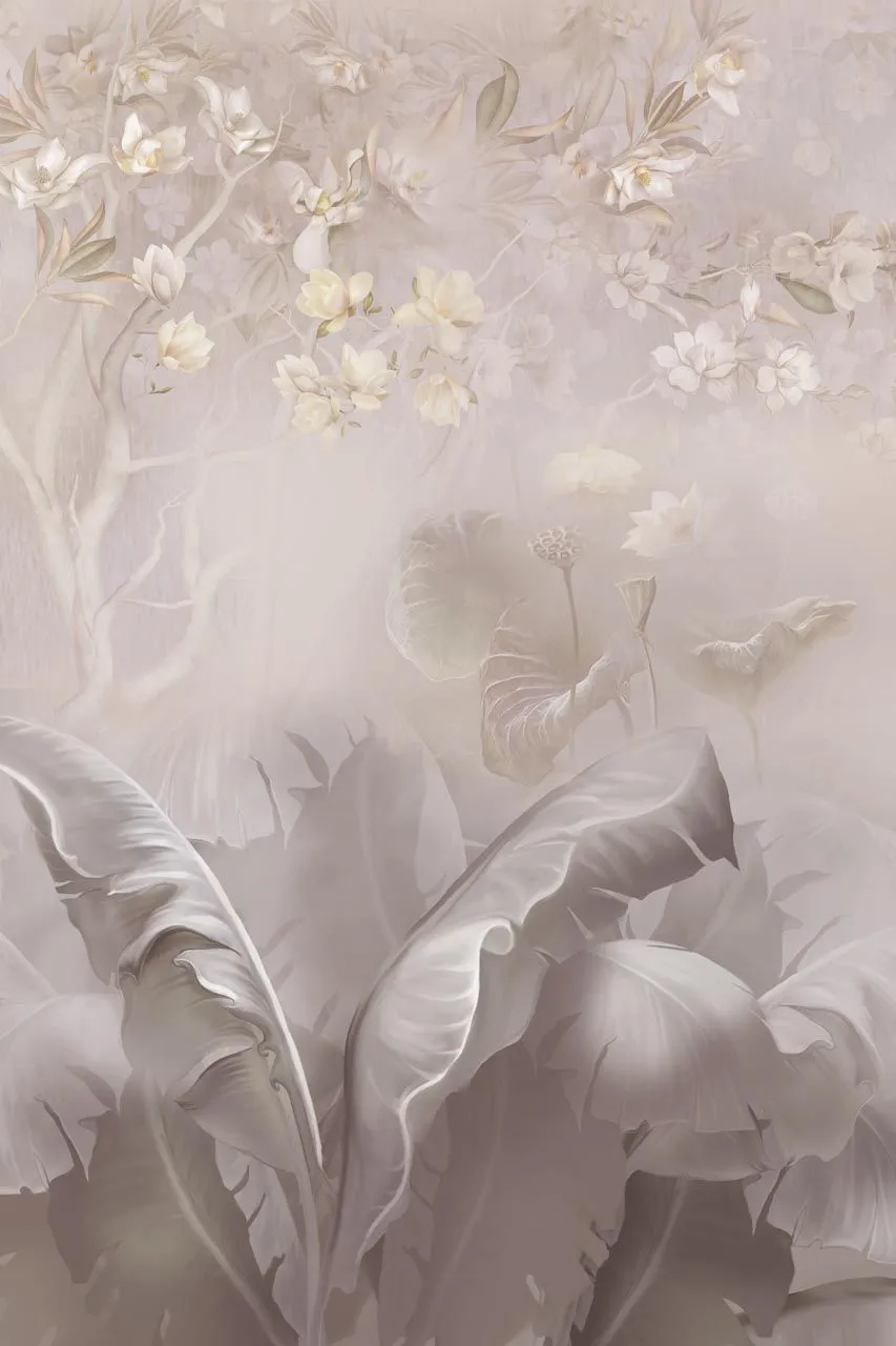 Фотообои в интерьере банановые листья на фоне лотоса  13-527 фото