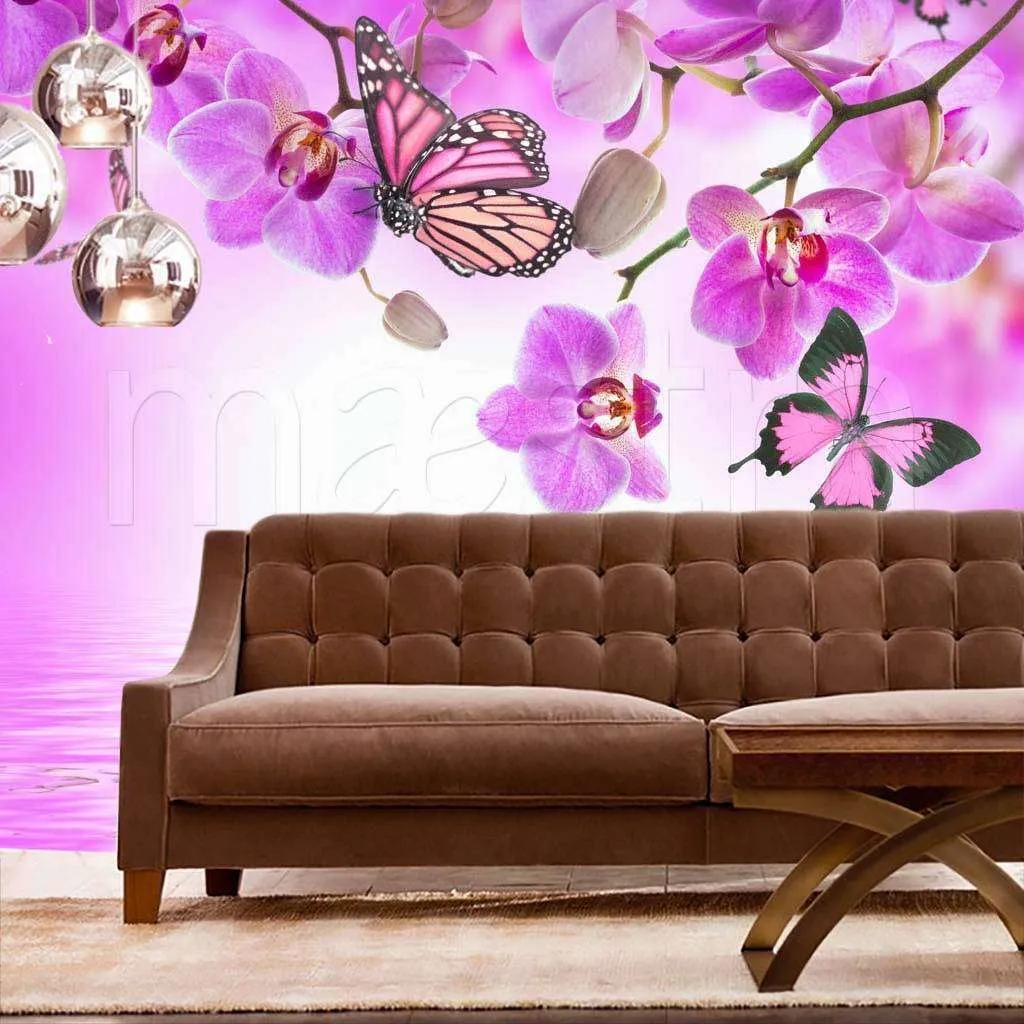 Фотообои Фиолетовая орхидея над водой и бабочки  10-218