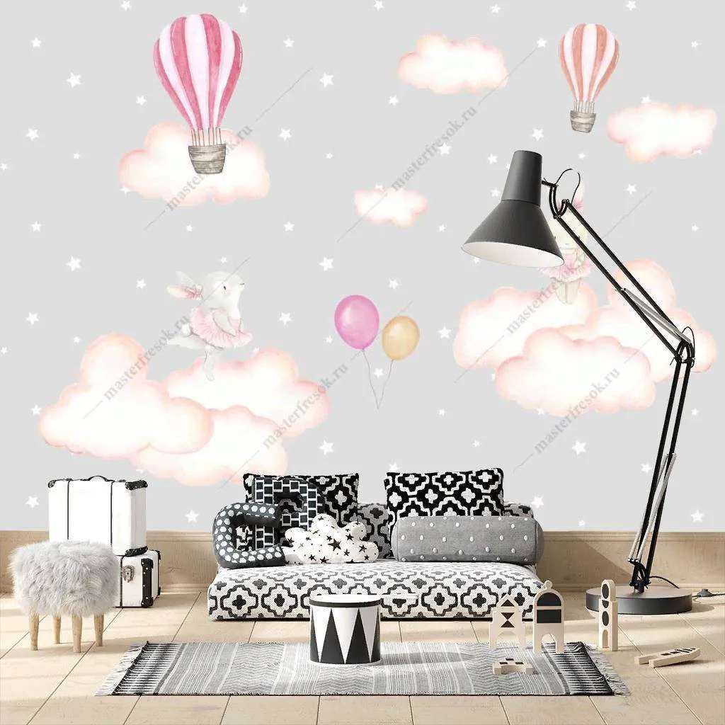 Фотообои в интерьере зайчики на воздушных облаках  12-1193 фото
