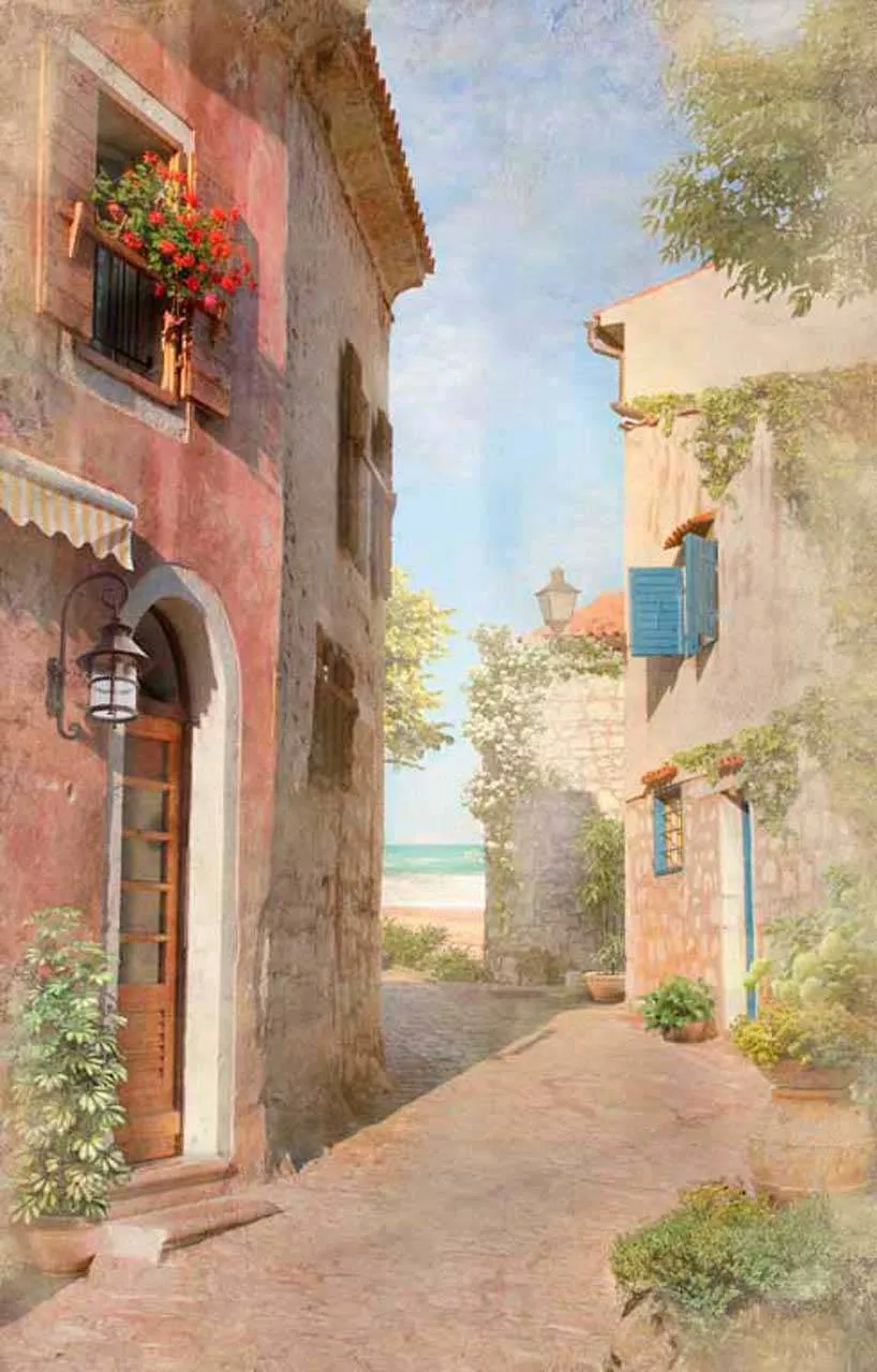 Фотообои в интерьере старинная улочка с выходом на море  11-039 фото