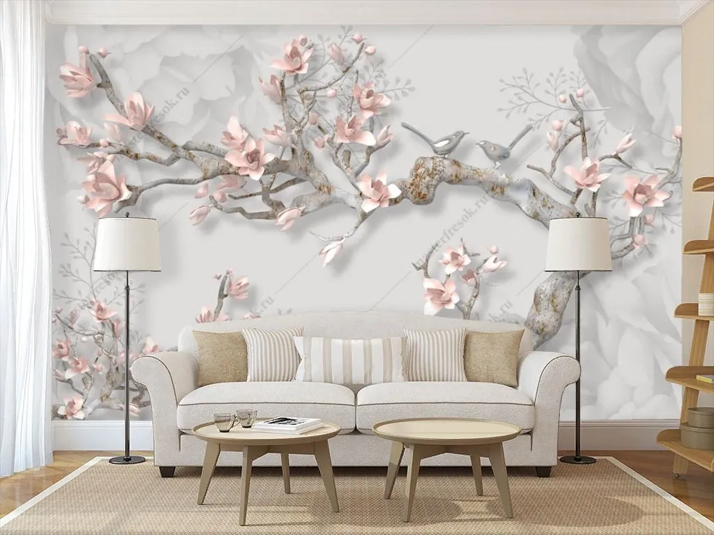 Фотообои в интерьере 3д сакура с розовыми лепестками  10-927 фото