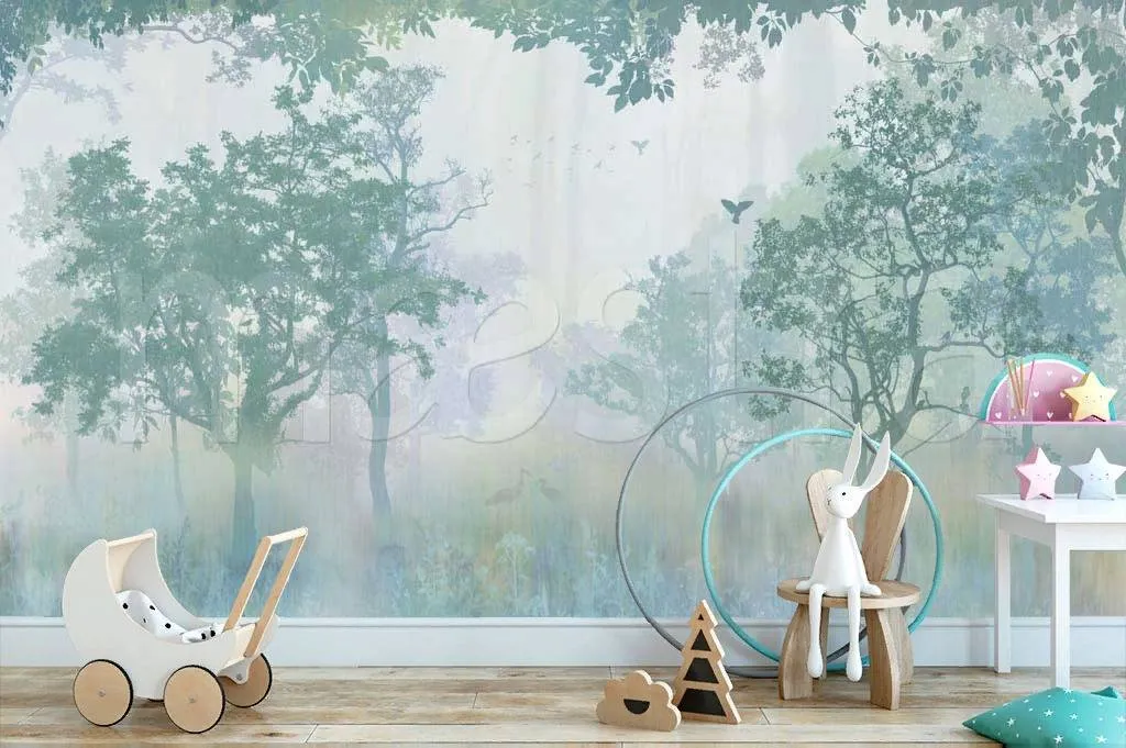 Фотообои в интерьере туманный лес в сизом тумане  7-425 фото