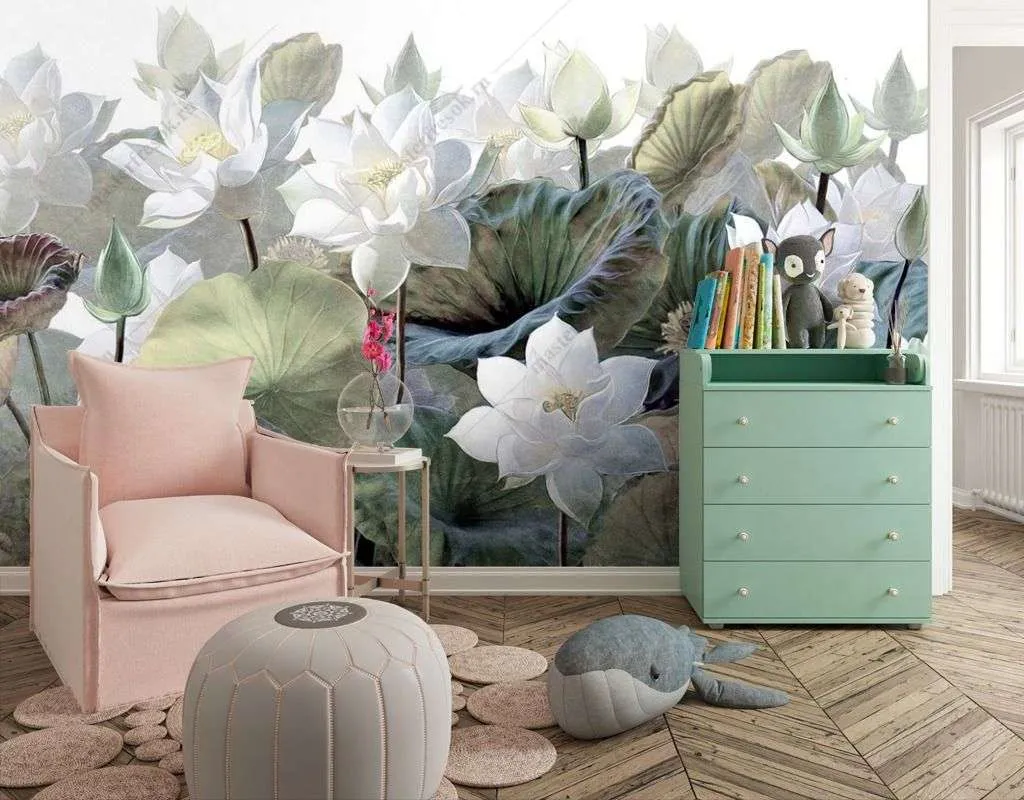 Фотообои в интерьере лотосы на белом фоне  9-1637 фото