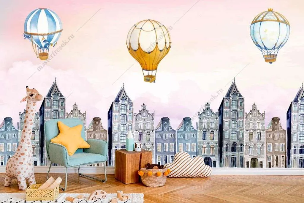 Фотообои в интерьере воздушные шарики над городом  14-258 фото
