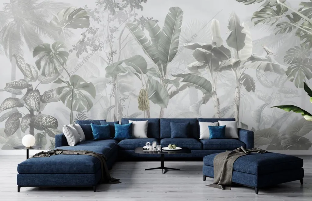 Фотообои в интерьере тропики серые  13-322 фото