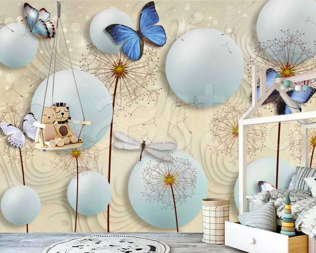Фотообои в интерьере стереоскопические одуванчики с объемными шарами и бабочками  7-475 фото