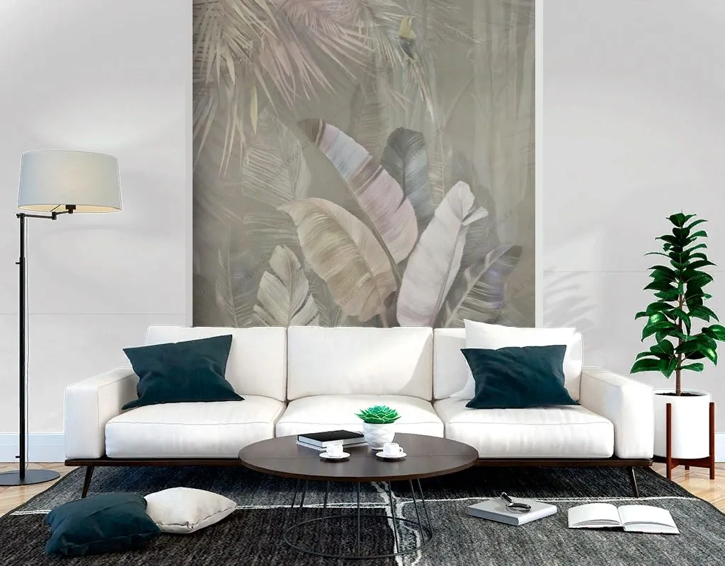 Фотообои в интерьере банановые листья и птица на сером фоне  14-622 фото
