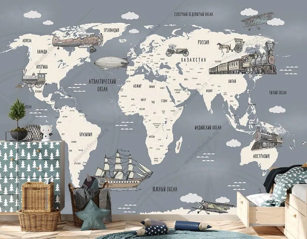 Фотообои в интерьере карта мира с военной техникой  12-1468 фото