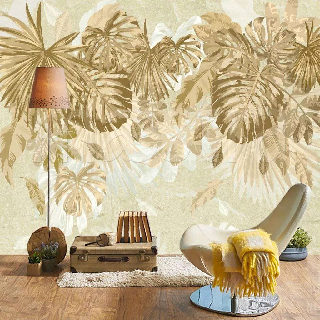 Фотообои в интерьере тропические листья на бежевом фоне  7-951 фото