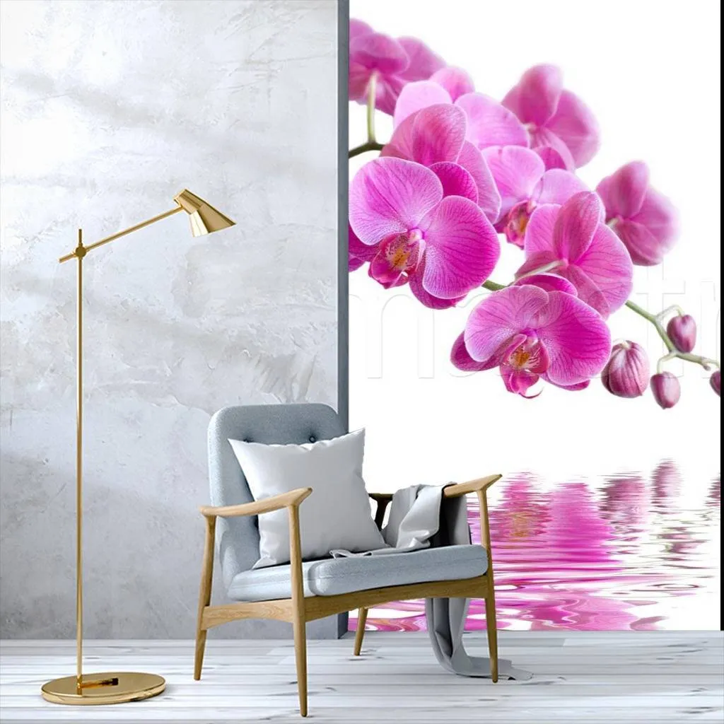 Фотообои в интерьере розовая орхидея на розовом фоне над водой  10-208 фото