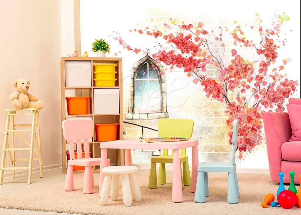 Фотообои Ветки красного дерева у окна  12-308