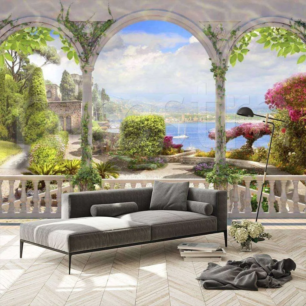 Фотообои в интерьере балкон с видом на пространство сада  7-100 фото