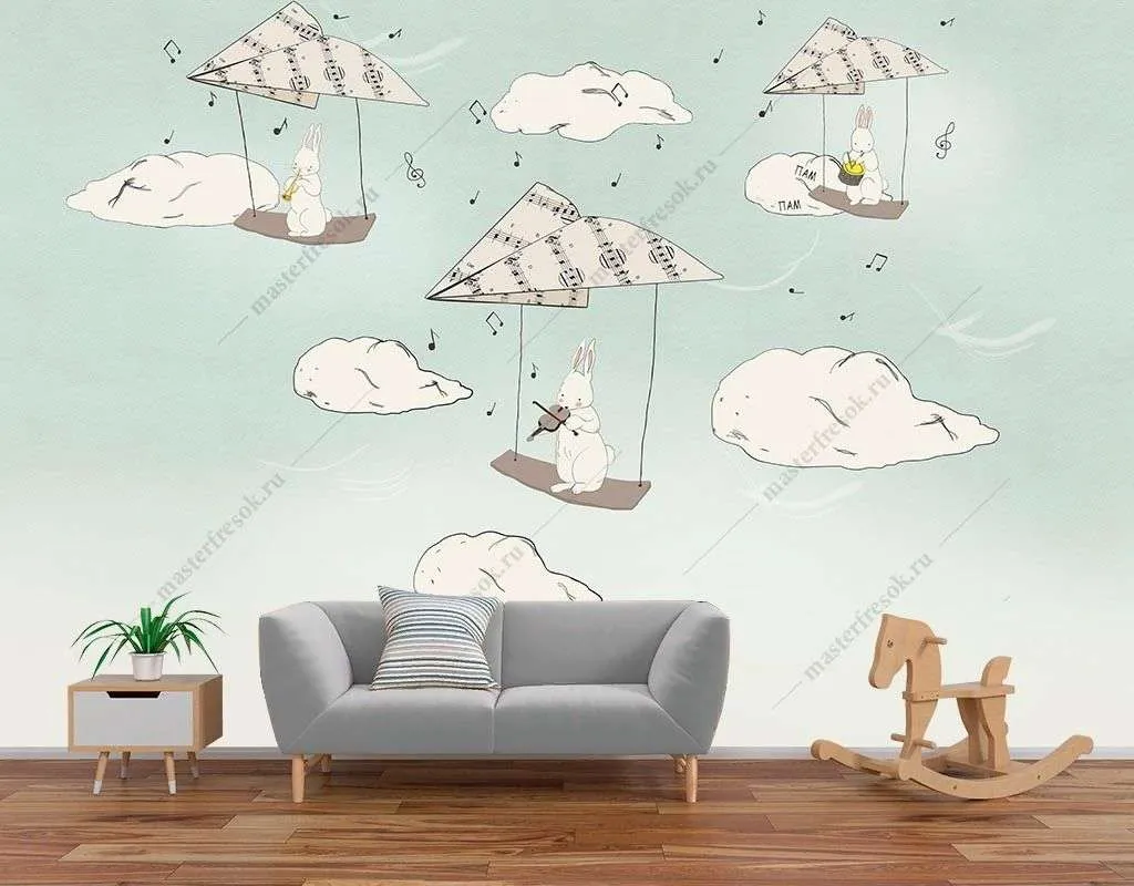Фотообои в интерьере музыкальные зайчата  14-606 фото