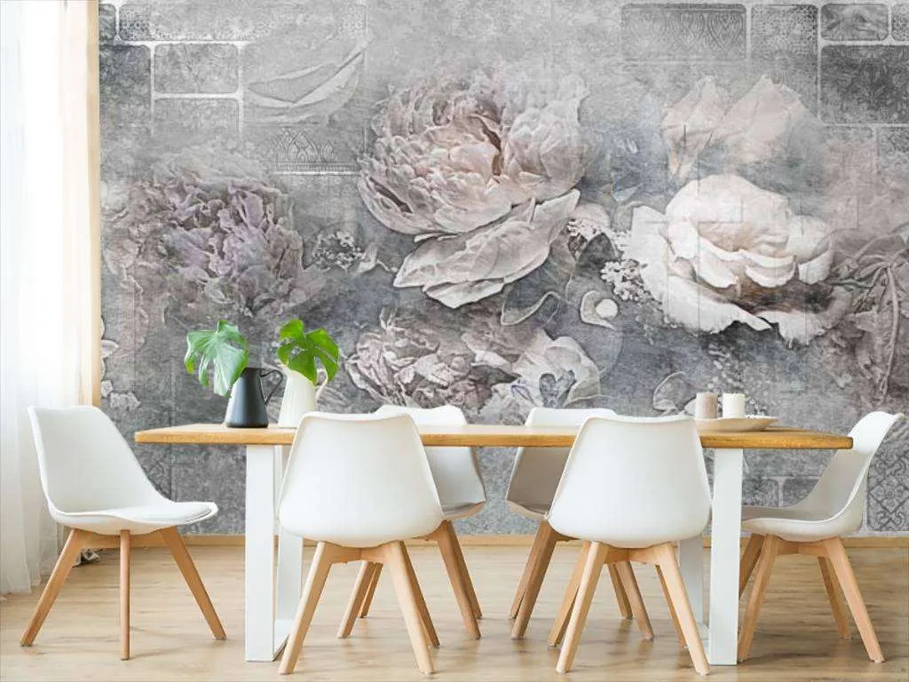 Фотообои в интерьере цветы 3д на сером фоне  7-765 фото