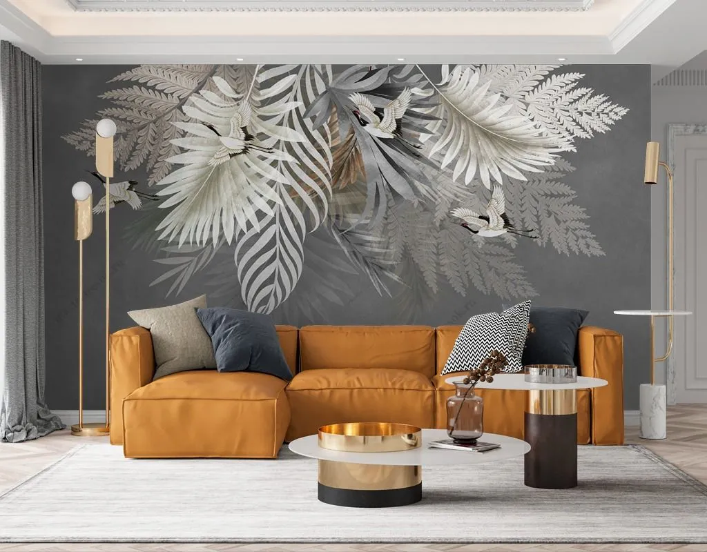 Фотообои в интерьере пальмовые листья на сером фоне  9-1620 фото