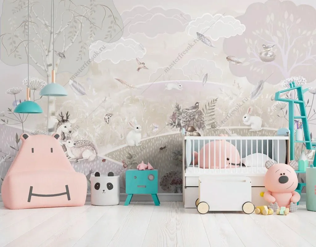 Фотообои в интерьере полянка со зверятами  13-617 фото