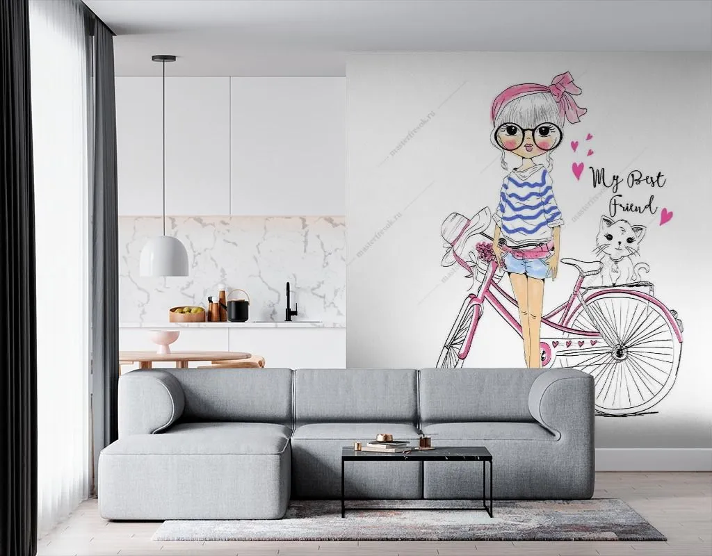 Фотообои в интерьере модная девочка с велосипедом  12-1442 фото