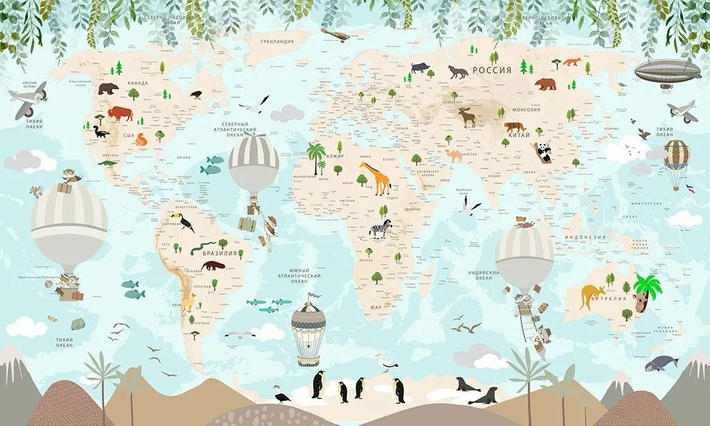 Фотообои в интерьере карта со зверушками  14-508 фото