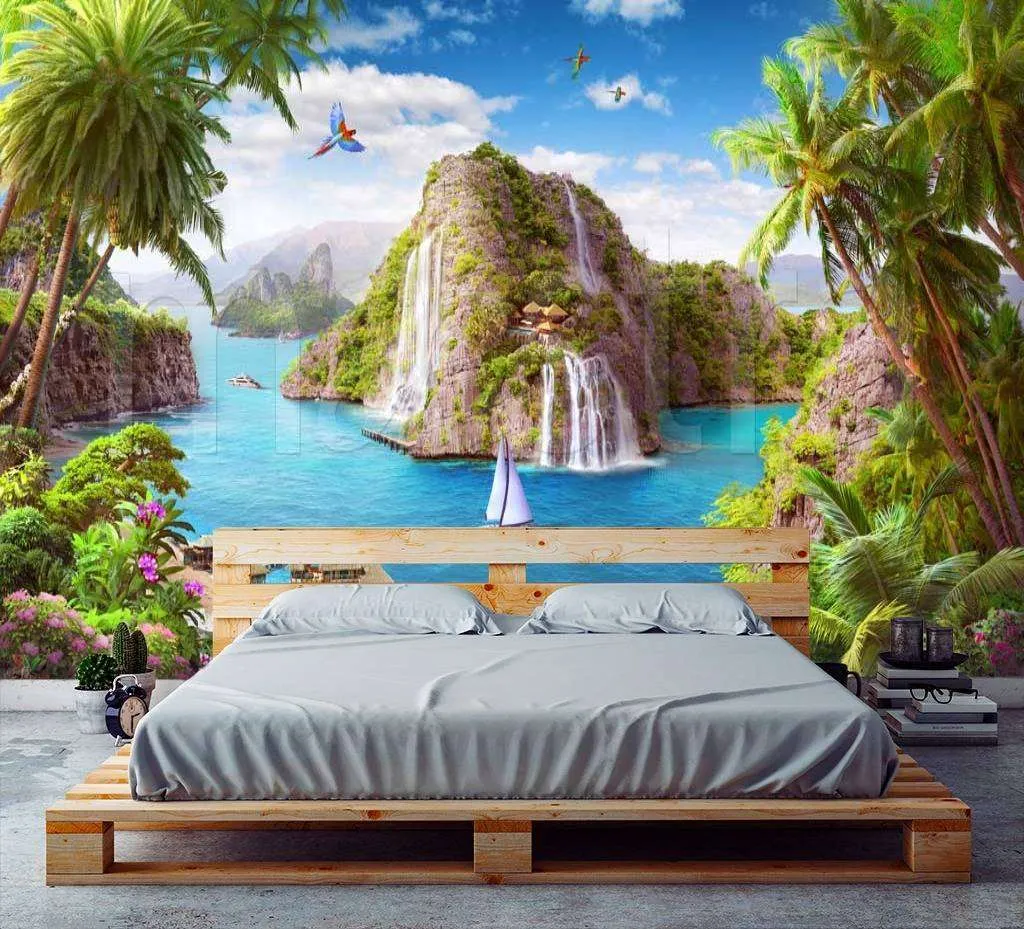 Фотообои в интерьере вид на море и водопад на острове  11-158 фото