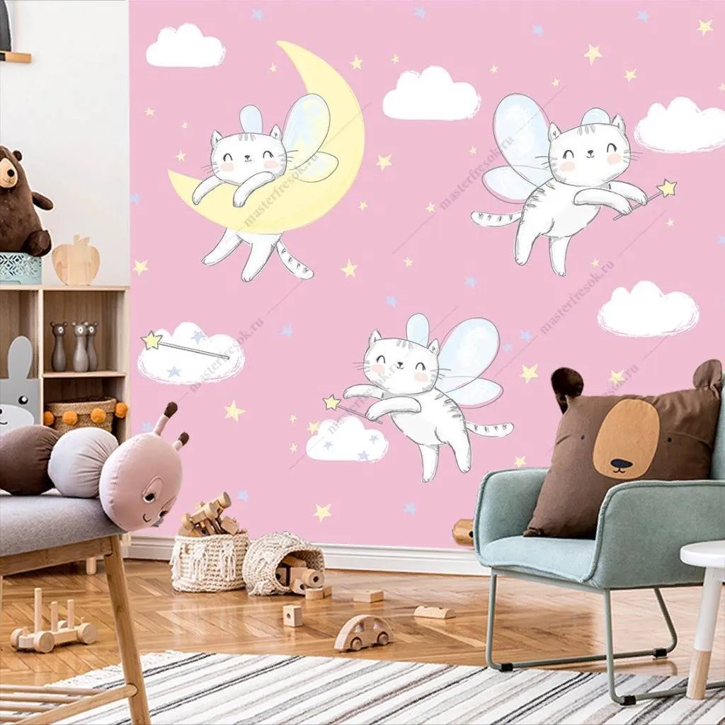 Фотообои Кошки-феи парят над облаками на розовом фоне  12-413