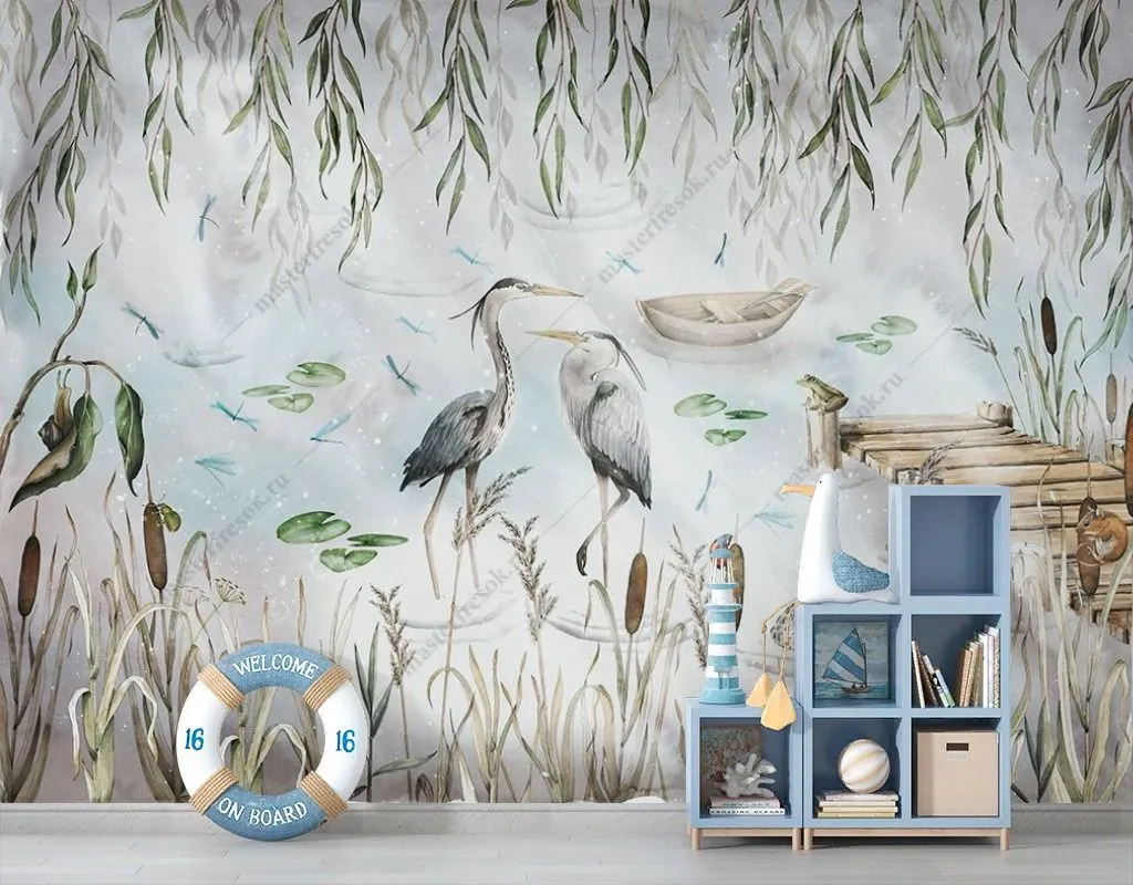 Фотообои в детскую журавли на озере    9-1873