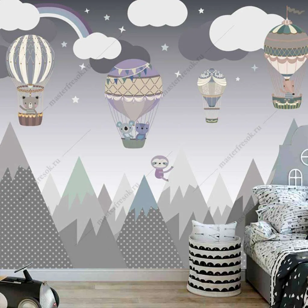 Фотообои в интерьере воздушный шар и горы  12-942 фото