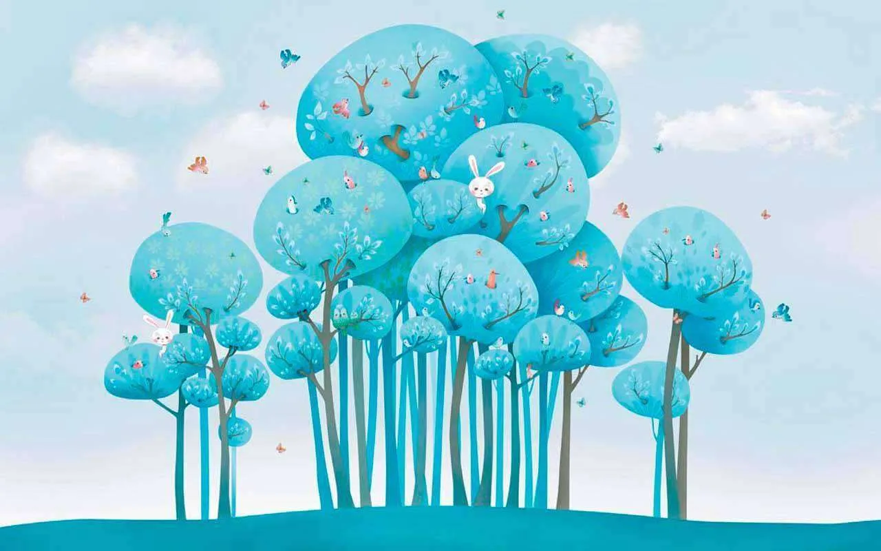 Фотообои в интерьере голубые деревья на лужайке  12-358 фото