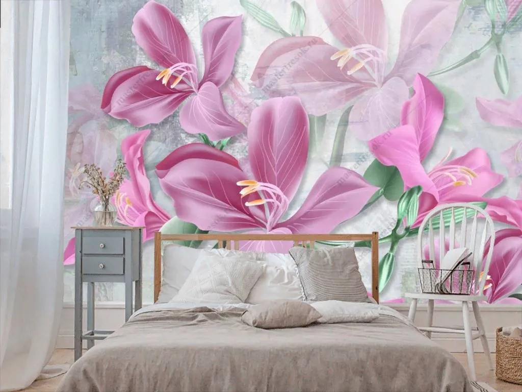 Фотообои в интерьере 3д ярко розовые лилии  10-859 фото