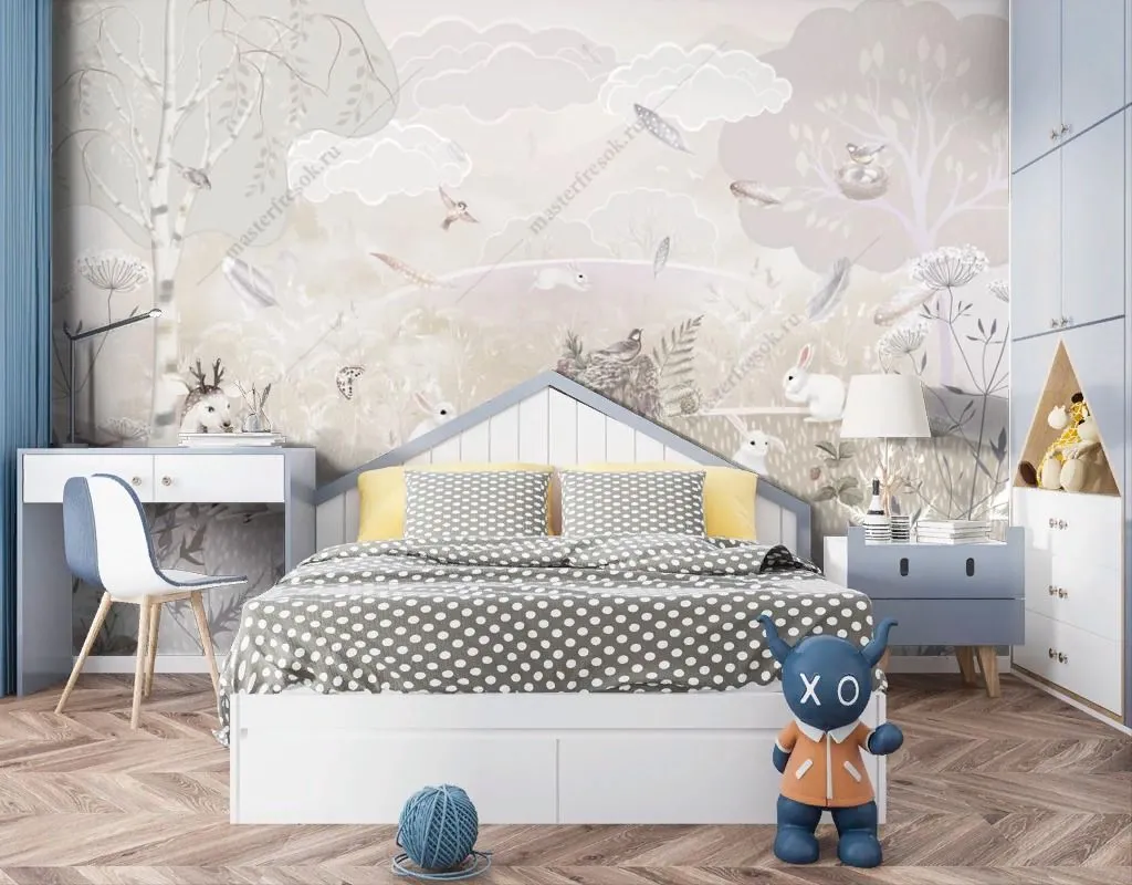 Фотообои в интерьере полянка со зверятами  13-617 фото