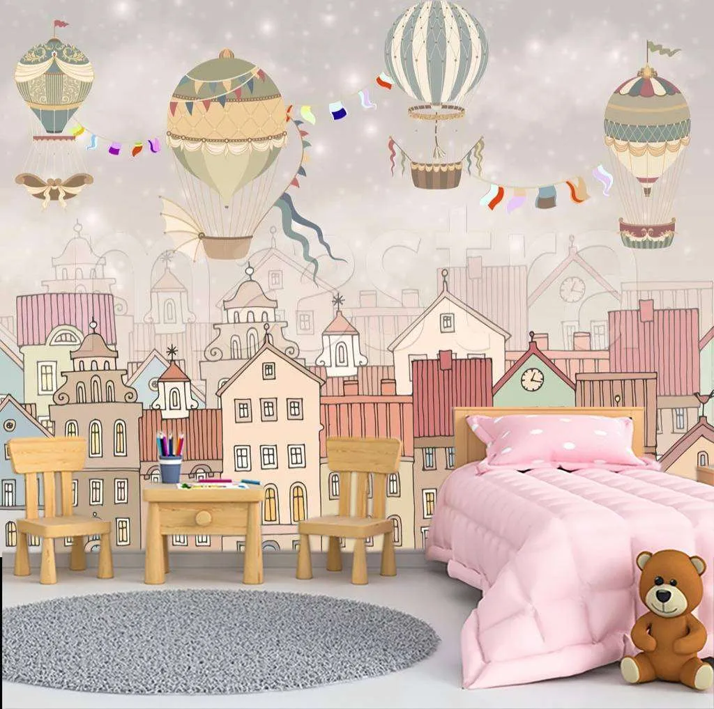 Фотообои в интерьере город с домами и воздушными шарами  7-624 фото