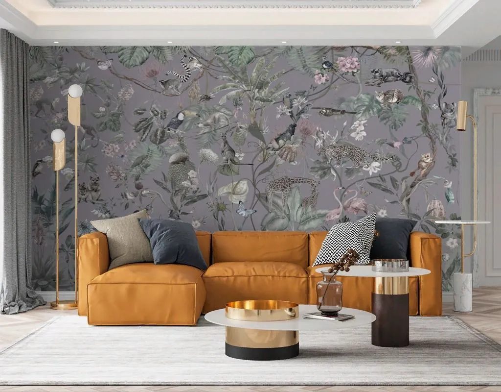 Фотообои в интерьере тропический принт на сером фоне  13-522 фото