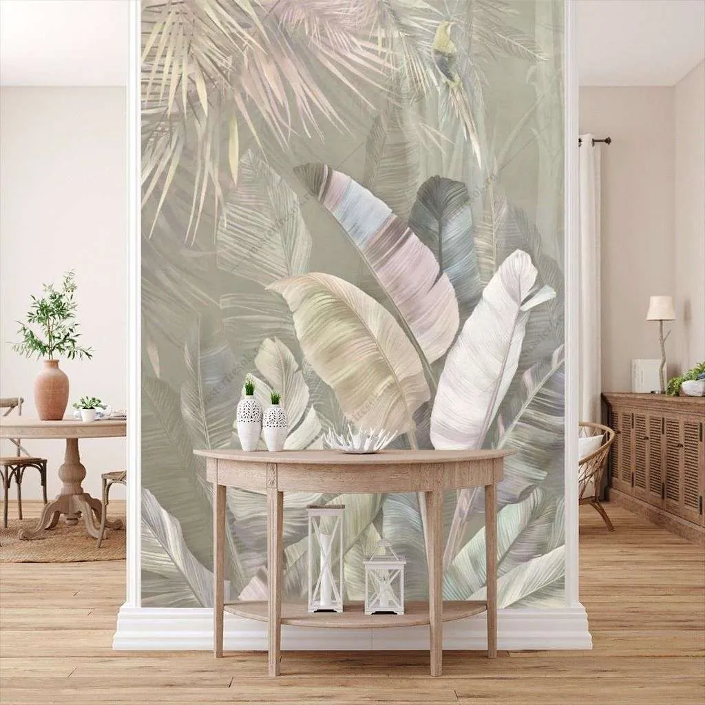 Фотообои в интерьере банановые листья и птица на сером фоне  14-622 фото