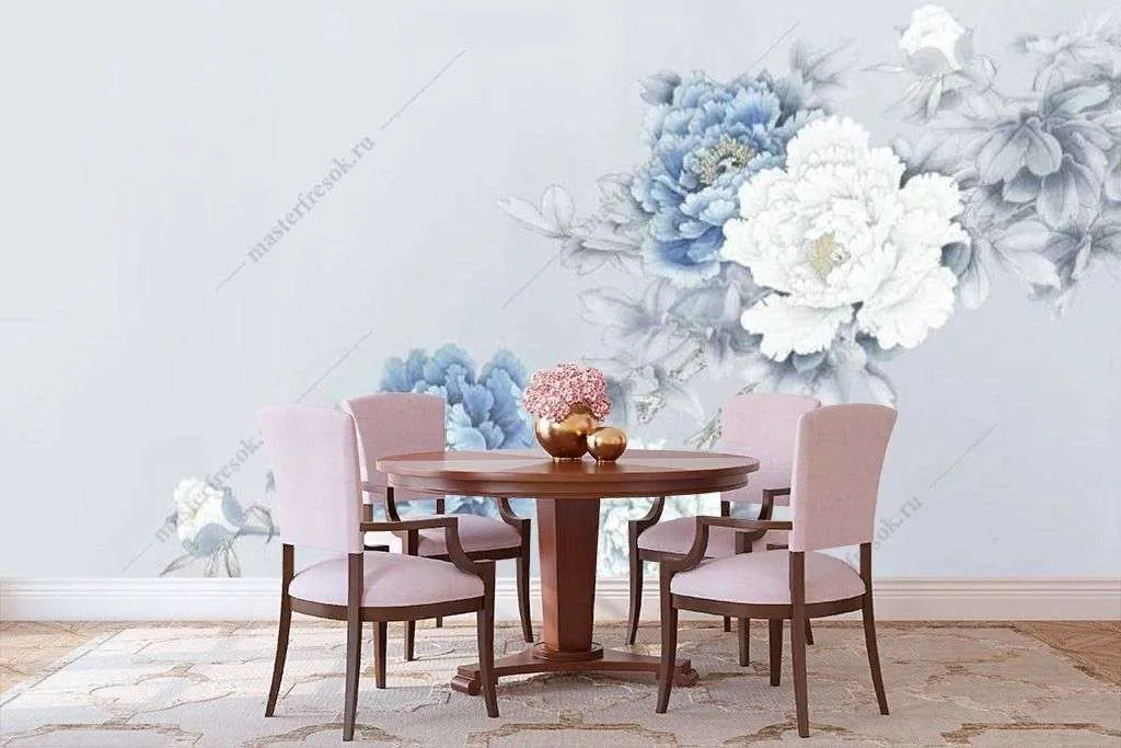 Фотообои в интерьере голубые пионы  15-907 фото