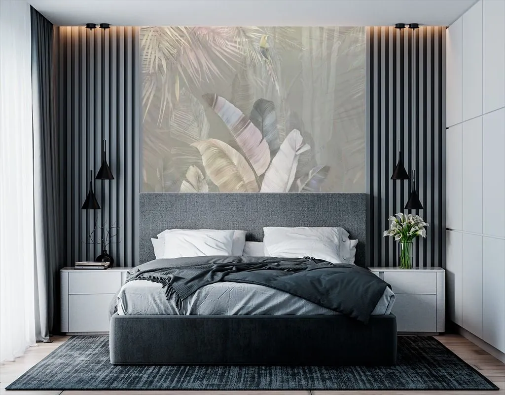 Фотообои в интерьере банановые листья и птица на сером фоне  14-622 фото