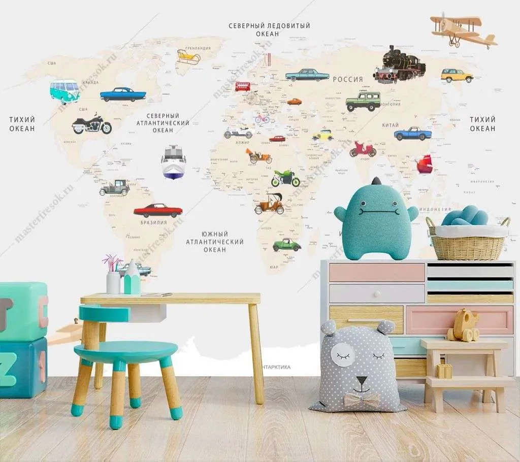 Фотообои в интерьере детская карта мира с машинками  14-285 фото