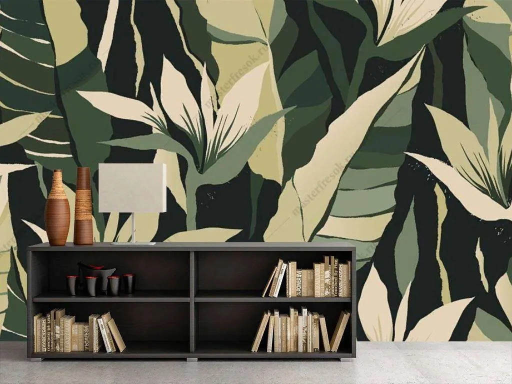 Фотообои в интерьере пальмовые листья на черном фоне  9-1117 фото