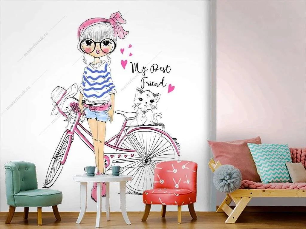 Фотообои в интерьере модная девочка с велосипедом  12-1442 фото