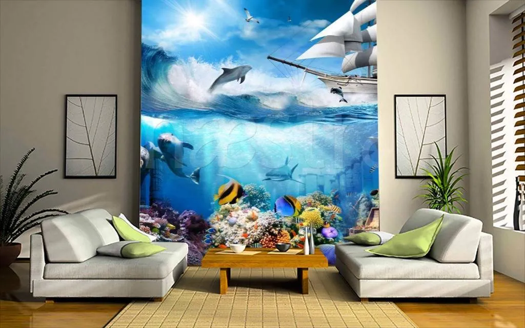 Фотообои Подводный мир с дельфинами и кораблем  11-143