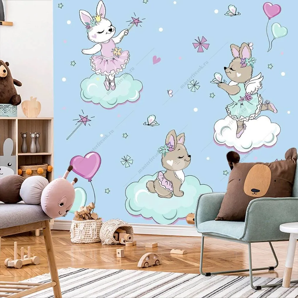 Фотообои Зверята на облаках на голубом фоне  12-418